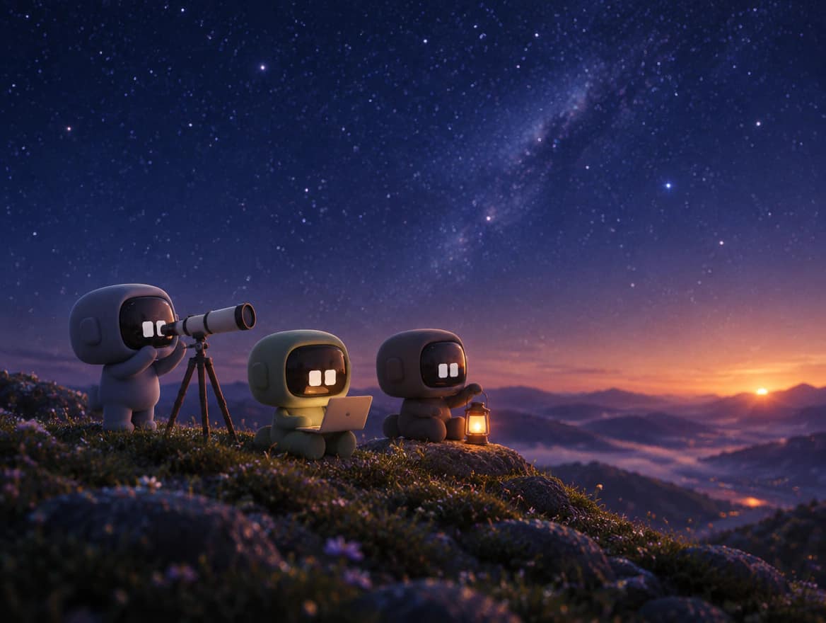 Three Cofoundy partners keeping watch on a hilltop at night as dawn begins