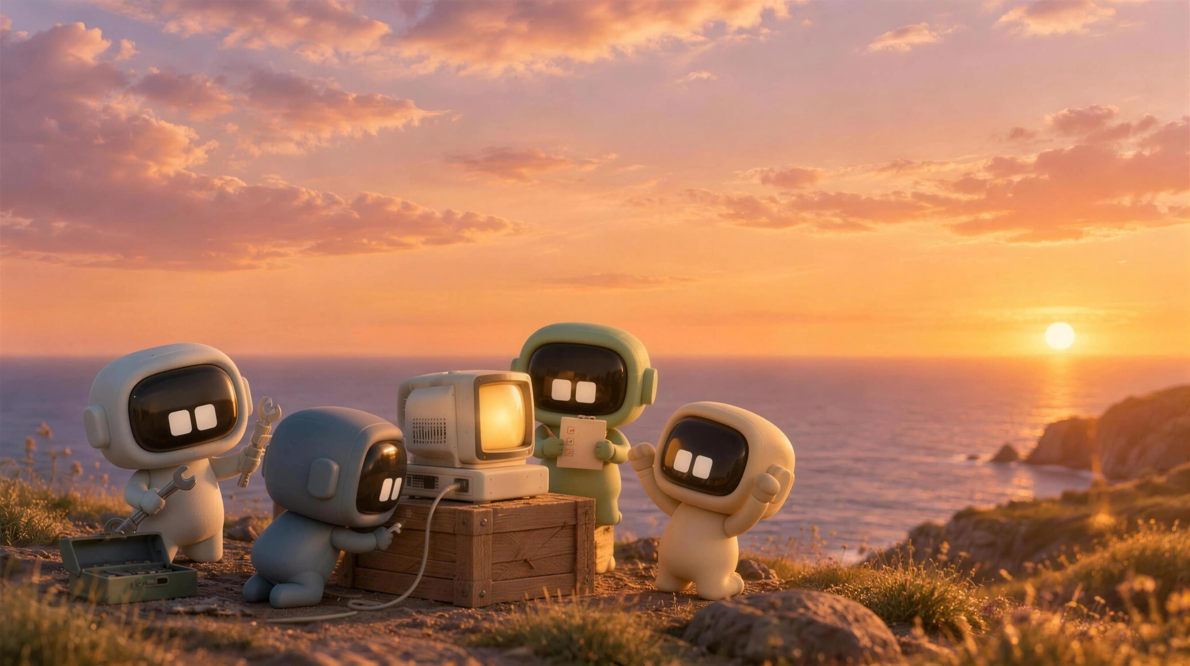 The Cofoundy partners assembling a retro computer on a coastal cliff at golden hour