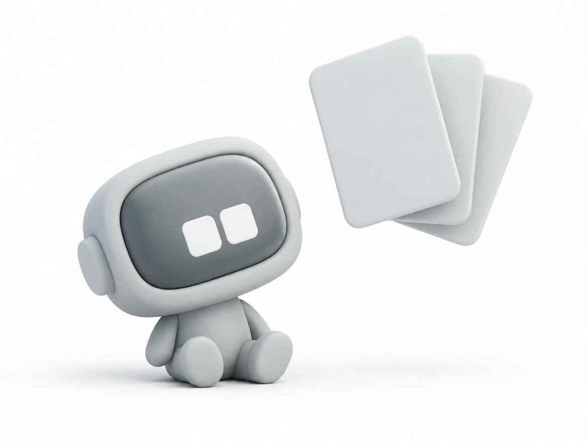 A Cofoundy mascot sitting and looking up at a floating stack of cards