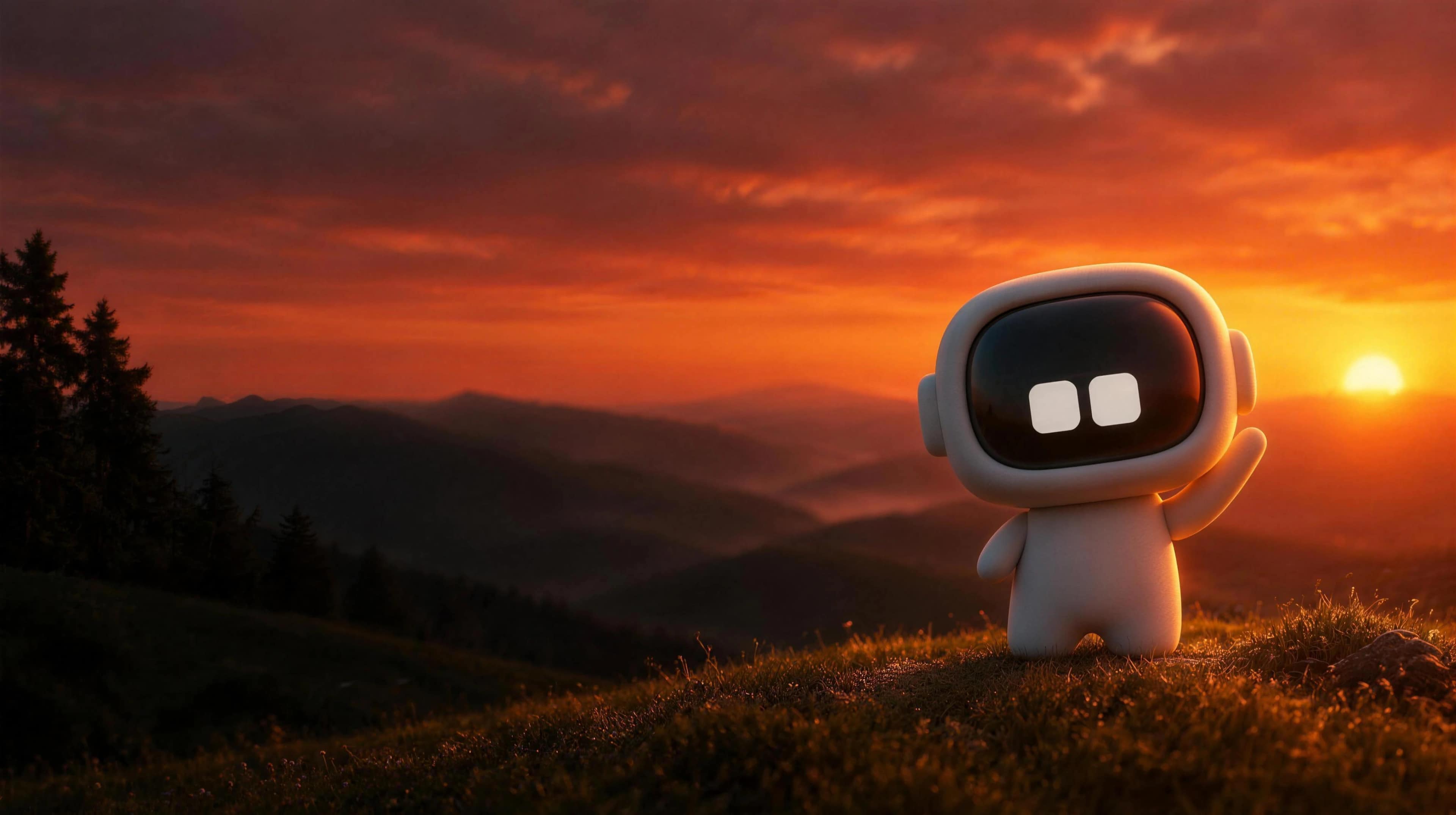 The Cofoundy mascot waving hello from a hilltop at sunset